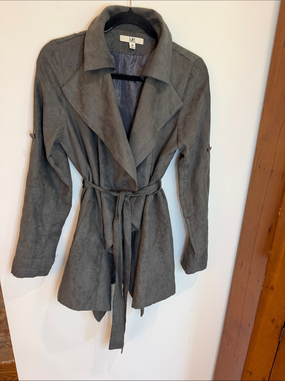 Ya Los Angeles Gray Tie-Waist Suede-Feel Trench w/Sleeve Rolling Option, M